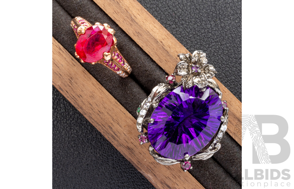 Diamonesque Rose Sterling Created Ruby Ring & Sterling Silver Paste Stone Ring, 16.11 Grams