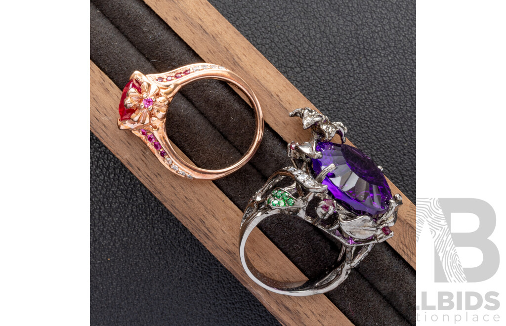 Diamonesque Rose Sterling Created Ruby Ring & Sterling Silver Paste Stone Ring, 16.11 Grams