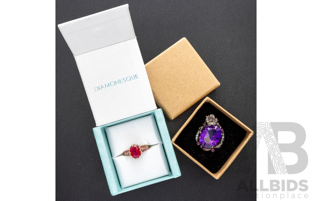 Diamonesque Rose Sterling Created Ruby Ring & Sterling Silver Paste Stone Ring, 16.11 Grams
