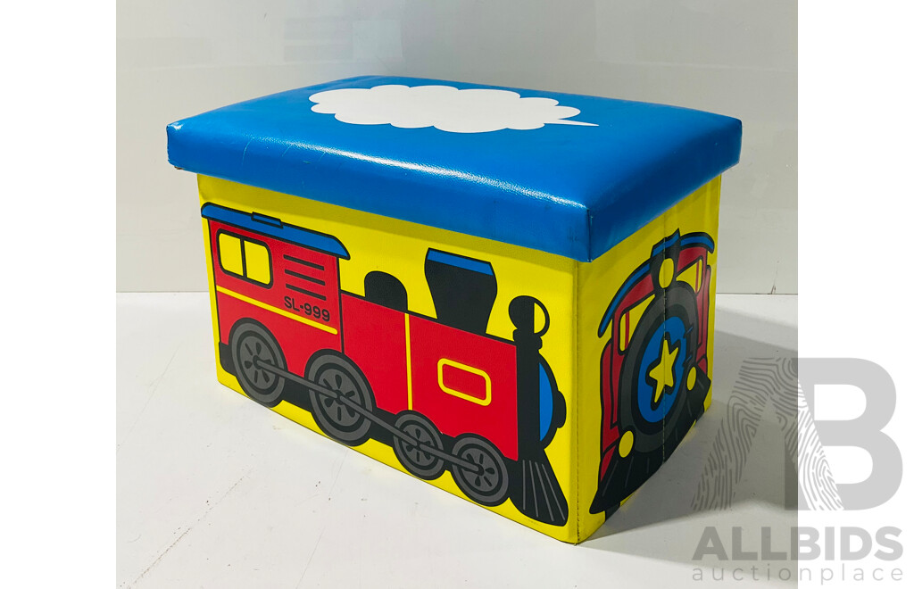 Footstool with Large Collection of Wooden Train Tracks and Trains Stored Inside