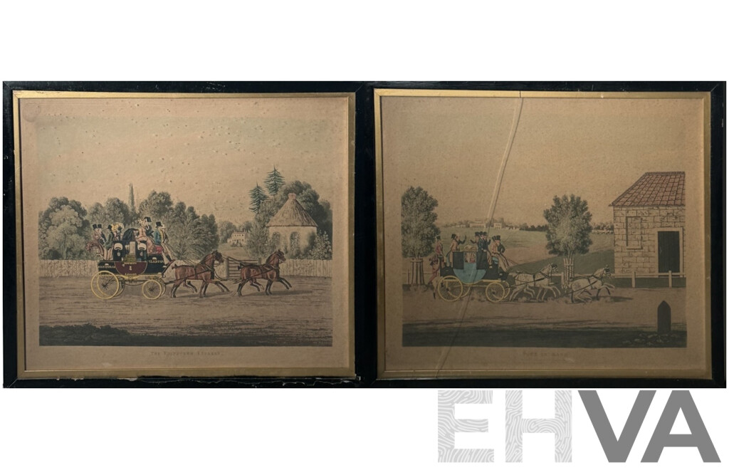 [After] James (Jas) Pollard, (British, 1793-1867), The Edinburgh Express & Four in Hand, Pair of Antique Aquatint Engravings After Original, 47 x 56 cm (frames) (2)