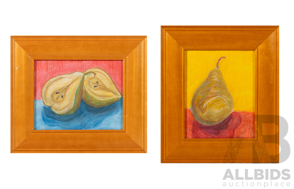 Naomi Crowther (nee O'Hara), (20th Century, Australian), Pair of Still Lifes - Pear, (1999), Original Coloured Pencils & Pastels, 38 x 33 cm & 33 x 38 cm (frames) (2)