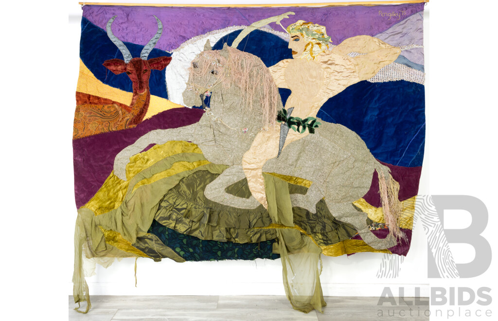 Vivienne Pengilley, (20th Century, British-Australian, 1944-2017), Horse, Deer & Archer, (1975), Beautiful Vintage Mixed Fabric & Textile on Hessian Wall Hanging, 182 x 226 cm
