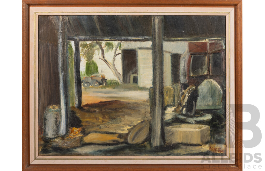Angy Foa, (20th Century, Australian), View From Our Shed, Vintage Oil on Canvas Cloth, 54 x 69 cm (frame)