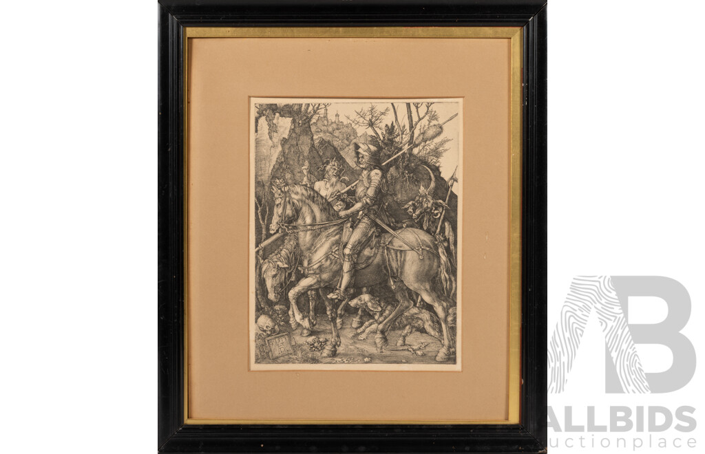 Albrecht Dürer, (Renaissance, German, 1471-1528), Knight, Death & Evil [Ritter, Tod & Teufel], Antique Steel Engraving Print, 43 x 37 cm (frame)