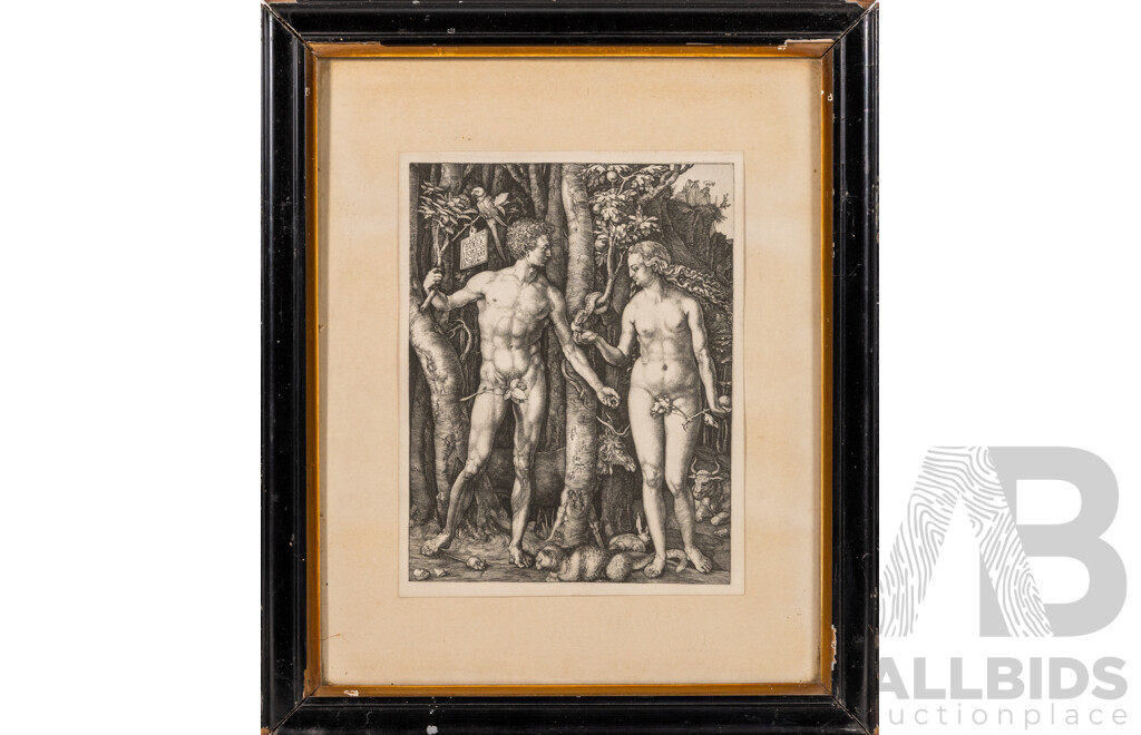 Albrecht Dürer, (Renaissance, German, 1471-1528), Adam & Eve in Garde of Eden, Antique Steel Engraving Print, 43 x 37 cm (frame)