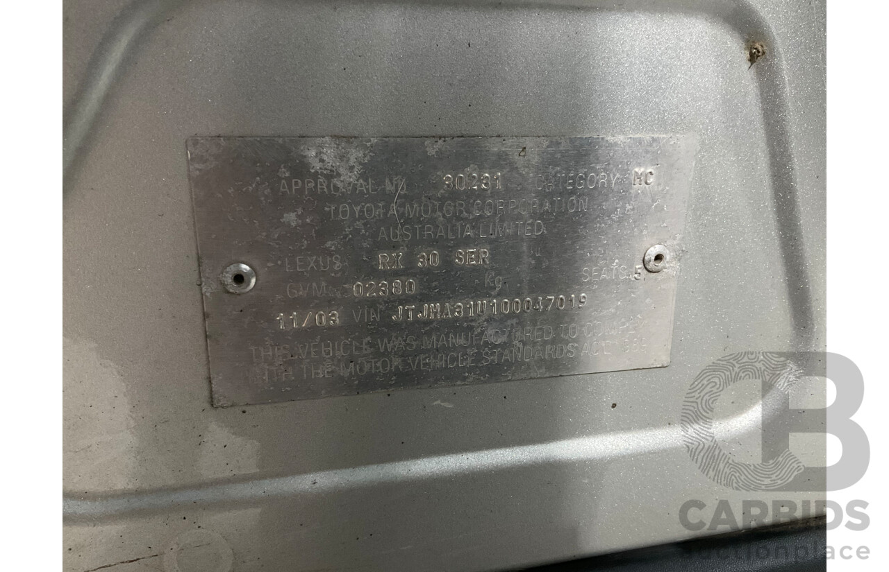 11/2003 Lexus RX330 Sports MCU38R 4d Wagon Silver Mist Metallic V6 3.3L