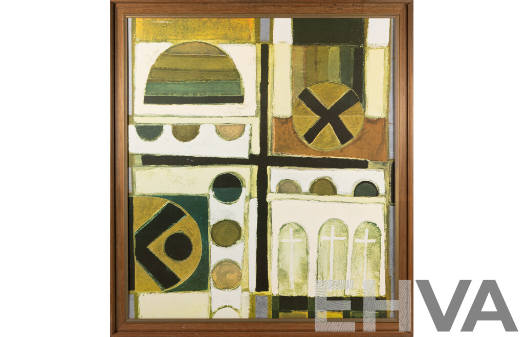 Leonard French, (20th Century, Australian, 1928-2017), Ancient Fragments, Vintage Reproduction Framed Print of 1963 Original Enamel on Paper on Composition Board, 84 x 75 cm (frame)