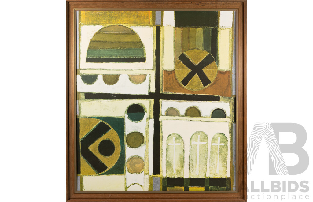 Leonard French, (20th Century, Australian, 1928-2017), Ancient Fragments, Vintage Reproduction Framed Print of 1963 Original Enamel on Paper on Composition Board, 84 x 75 cm (frame)