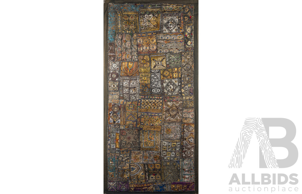 Antique Indian Embroidered Patchwork Wall Hanging, Handmade Cloth & Gold & Silver Threads with Embellishments, 149 x 73 cm (approx)