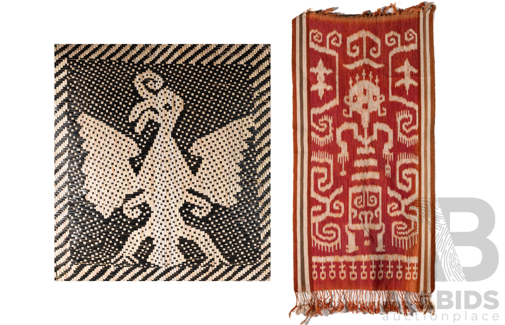 Artists Unknown, (Malaysian School), Woven Pok Baki - Ceremonial Bird - Straw 43 X 40 Cm  & Pua Kumbu Iban Weaving, Cotton Cloth & Natural Pigments, 71 X 37 Cm, Both From Sarawak, (2)
