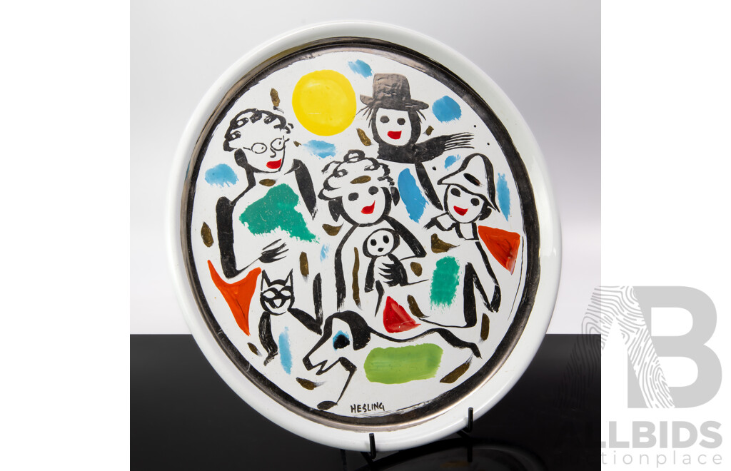 Bernard Hesling, (20th Century, British-Australian, 1905-87), Happy Family with Cat & Dog, Vitreous Enamel on Plate, 28 X 28 Cm
