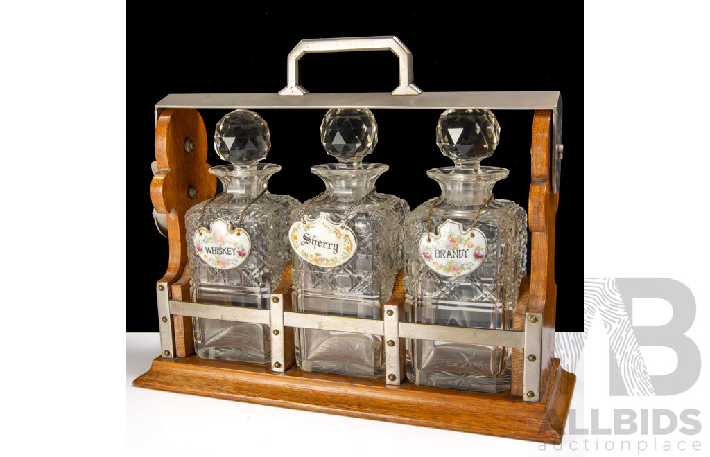 Three Crystal Decanter Tantalus Set with Porcelain Labels