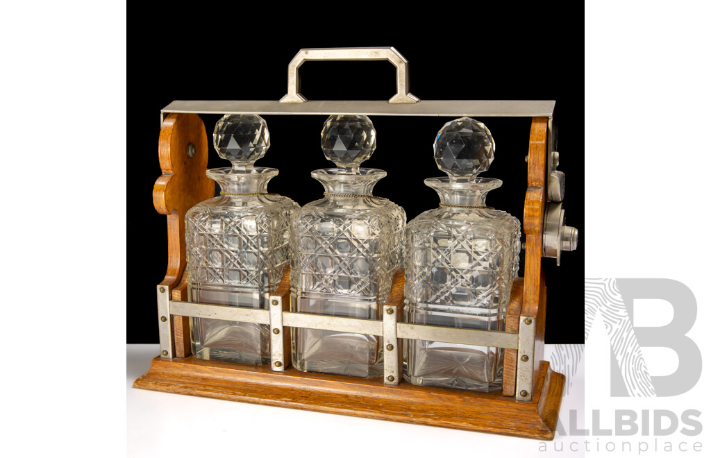 Three Crystal Decanter Tantalus Set with Porcelain Labels