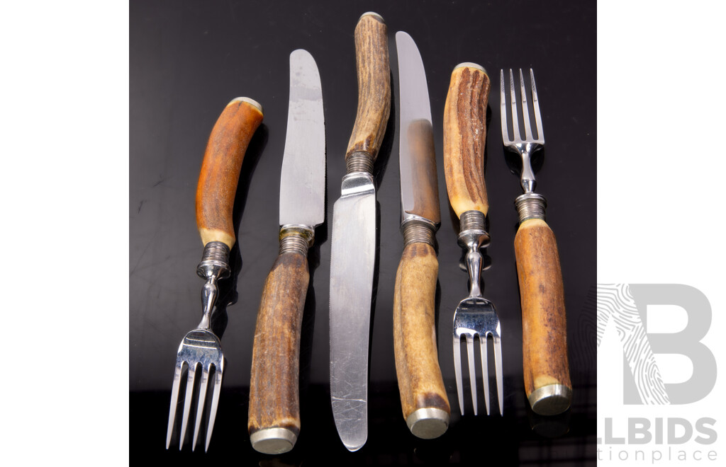 Vintage Set Six Antler Handled Knives and Forks