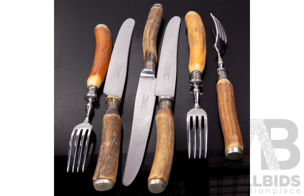 Vintage Set Six Antler Handled Knives and Forks