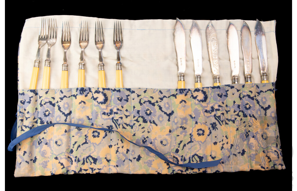 Antique 12 Piece Fish Service with Sterling Silver Ferules and Engraved Blades, Sheffield, 1899, and Faux Ivory Handles