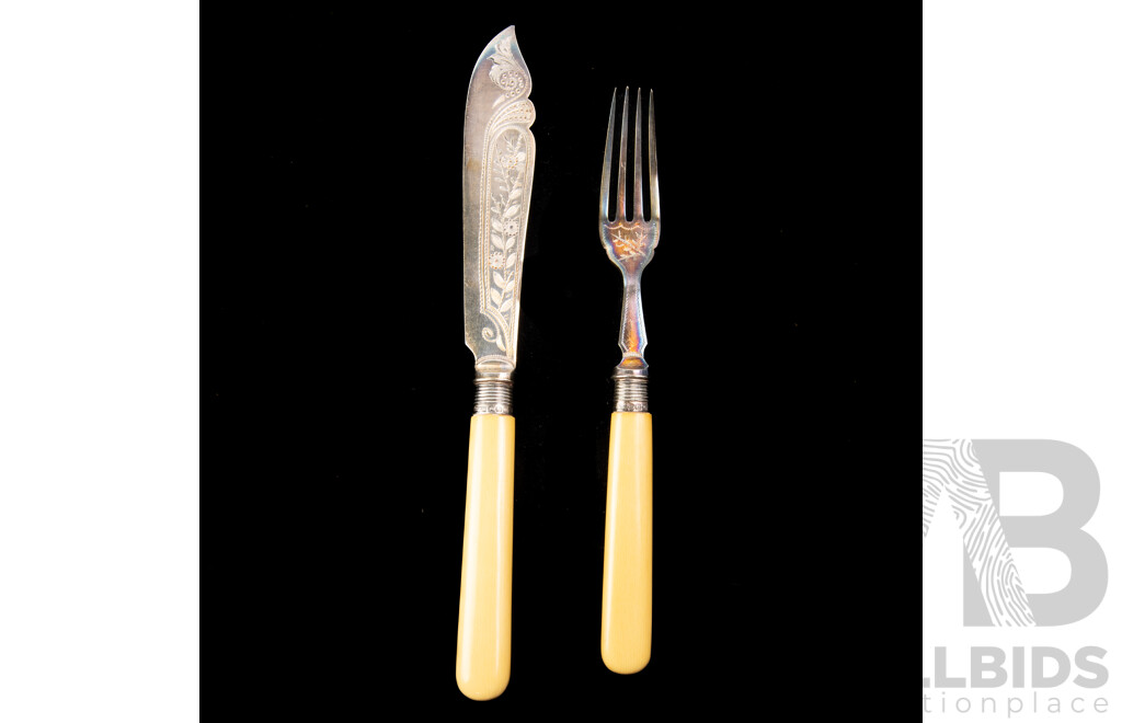 Antique 12 Piece Fish Service with Sterling Silver Ferules and Engraved Blades, Sheffield, 1899, and Faux Ivory Handles