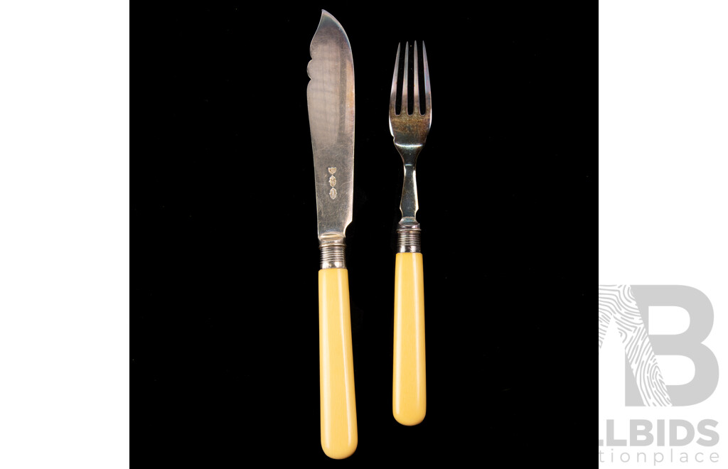 Antique 12 Piece Fish Service with Sterling Silver Ferules and Engraved Blades, Sheffield, 1899, and Faux Ivory Handles