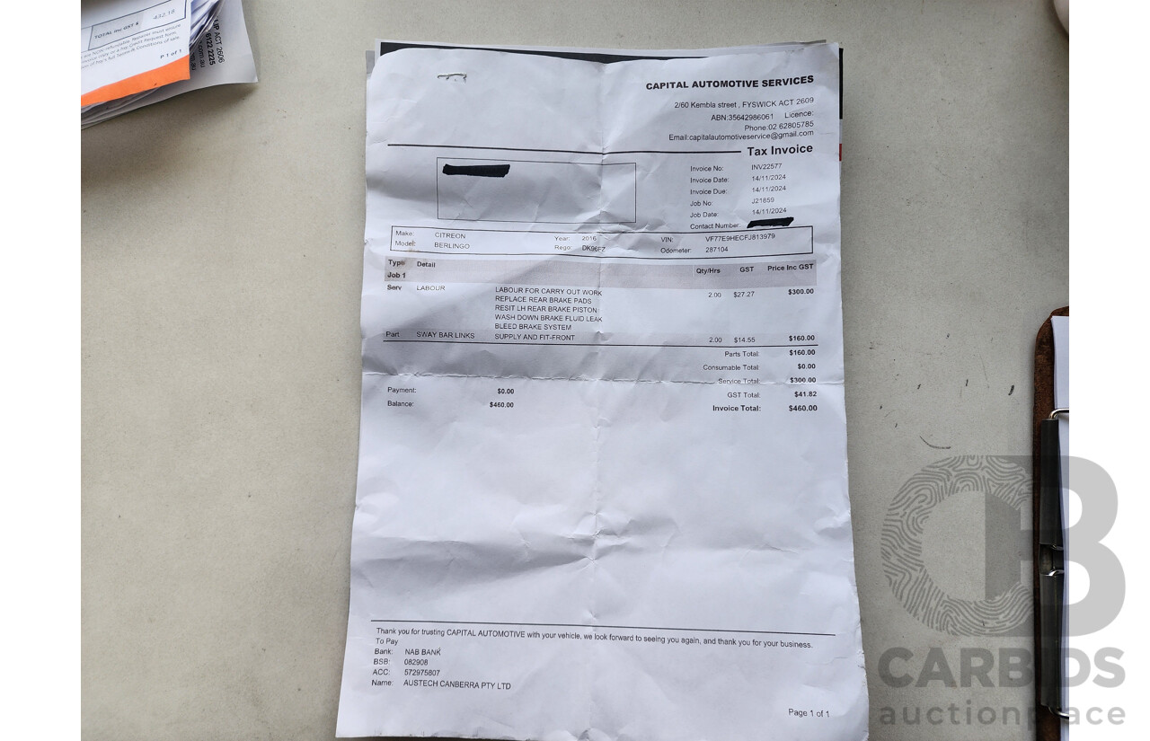 6/2016 Citroen Berlingo 1.6 HDI LONG FWD B9C MY16 Van White 1.6L