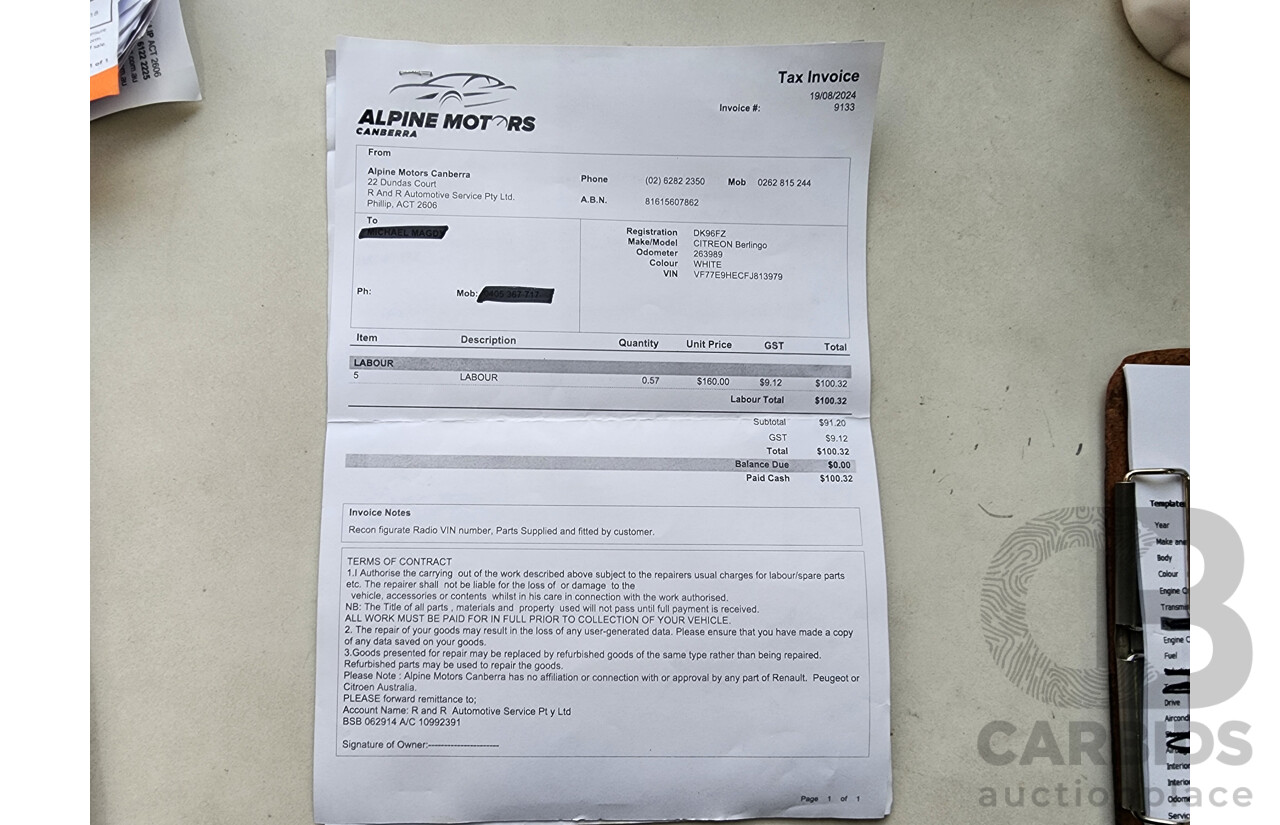 6/2016 Citroen Berlingo 1.6 HDI LONG FWD B9C MY16 Van White 1.6L