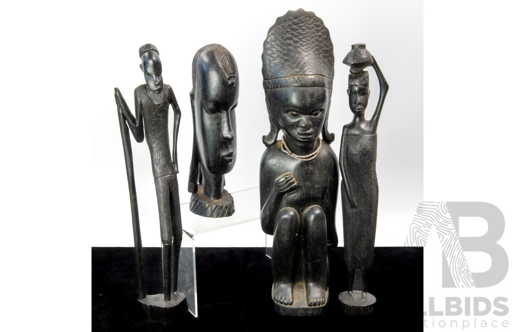 Collection Four Vintage Hand Carved African Ebony Wood Figures