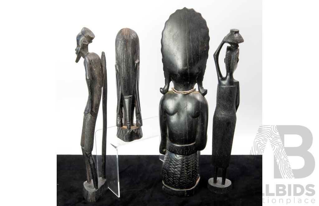 Collection Four Vintage Hand Carved African Ebony Wood Figures