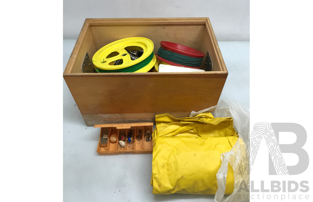 Assorted Fishing Lines and Equipment in Wooden Chest