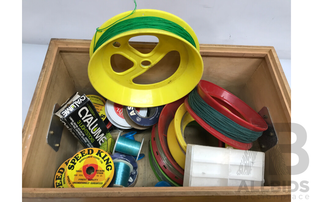 Assorted Fishing Lines and Equipment in Wooden Chest