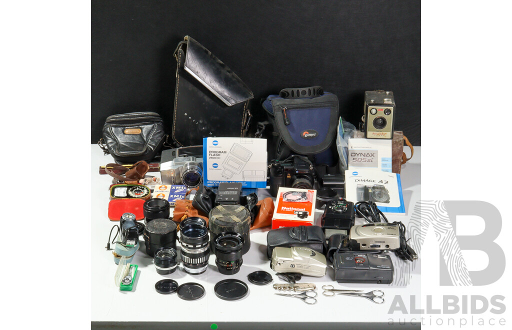 Collection Cameras and Equipment Including Konica Minolta as Digital Camera in Soft Case, Three Other Cameras, Three Lenses, Flashes and More