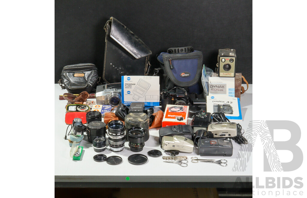 Collection Cameras and Equipment Including Konica Minolta as Digital Camera in Soft Case, Three Other Cameras, Three Lenses, Flashes and More