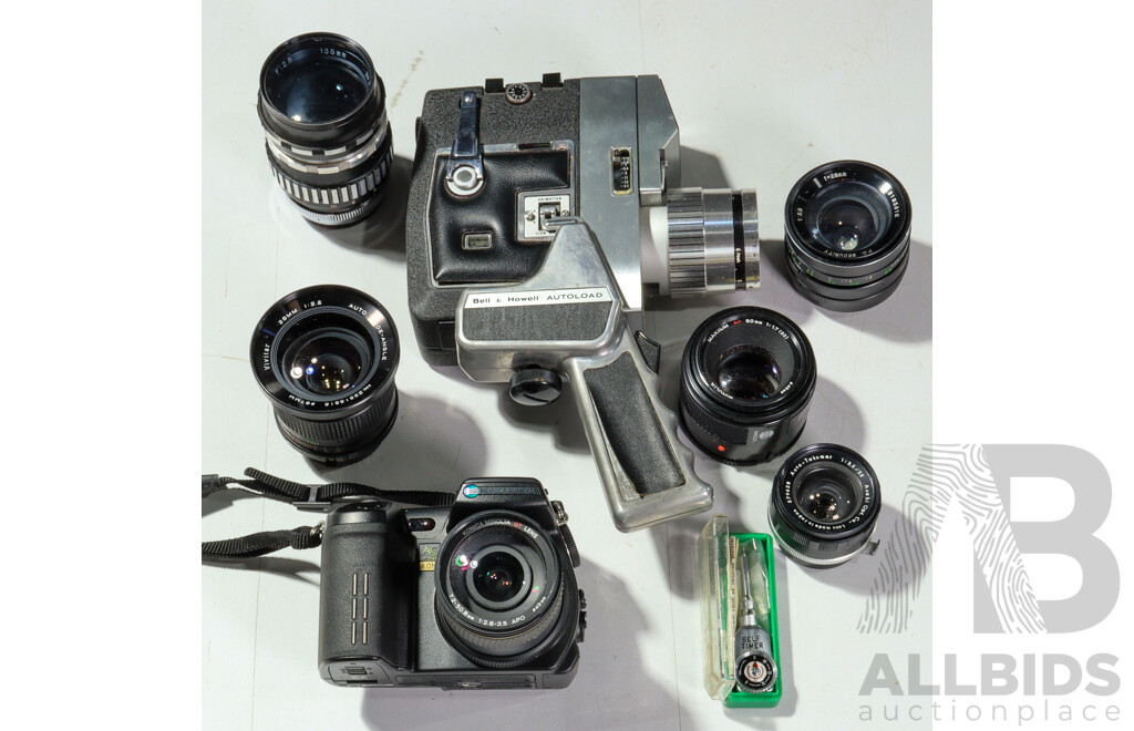 Collection Cameras and Equipment Including Konica Minolta as Digital Camera in Soft Case, Three Other Cameras, Three Lenses, Flashes and More