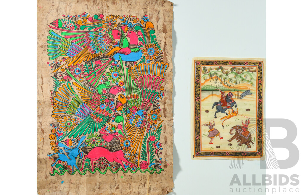 Artist Unknown (20th Century, Mexican), Forest Birds & Animals, Wonderful Vintage Hand Coloured Oigment on Amate Bark Panel, 67 x 46 cm (sheet) (2)