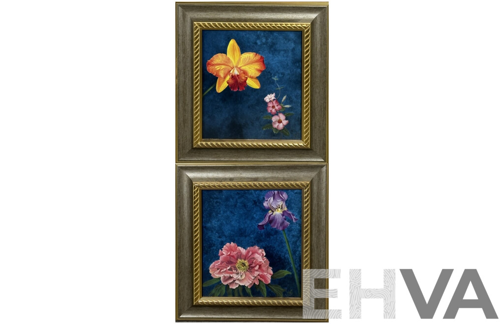 Janet Wilson (20th Century), Orange Orchid [Floral Calm III] & Floral Calm IV [Peony with Iris], Lovely Pair of High Quality Colour Prints, 40.5 x 37.5 cm (frames) (2)