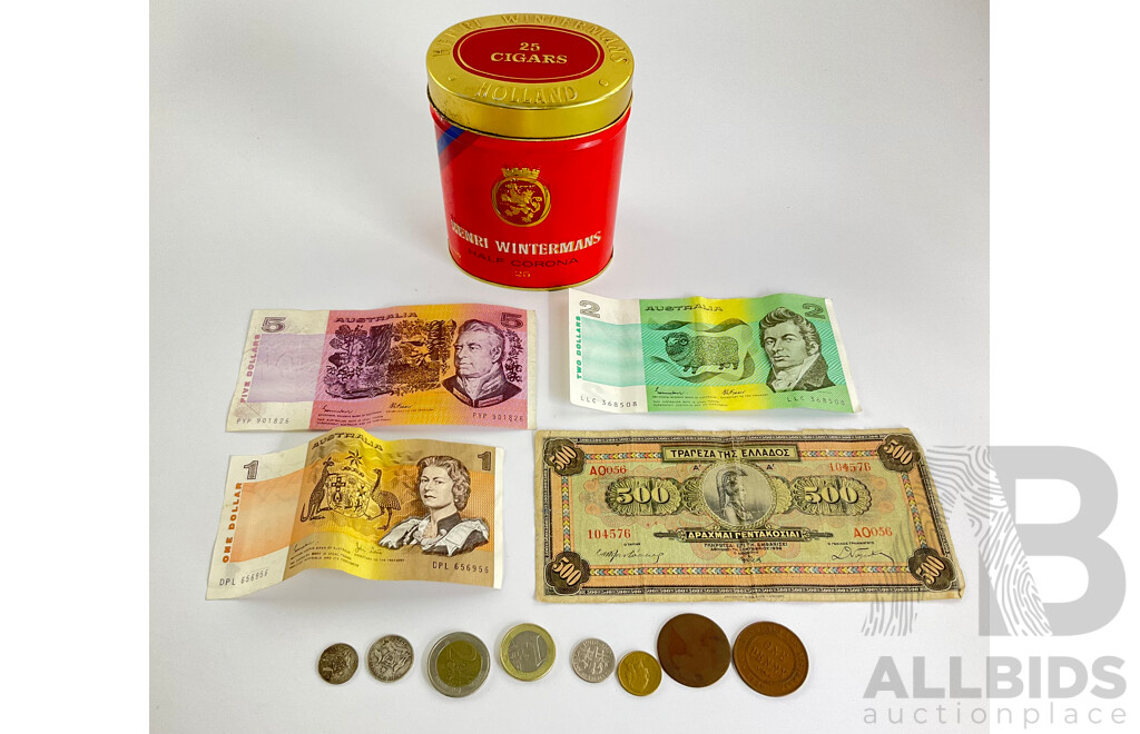 Australian 1985 Five Dollar Note Johnston/Fraser PYP,  1985 Two Dollar Johnston/Fraser LLC, 1982 One Dollar Johnston/Stone DPL 1925 Sixpence, 1935 Threepence, 1920 Penny, Greece 1932 Five Hundred Drachmai Note, 2002 One Euro Coin, Two