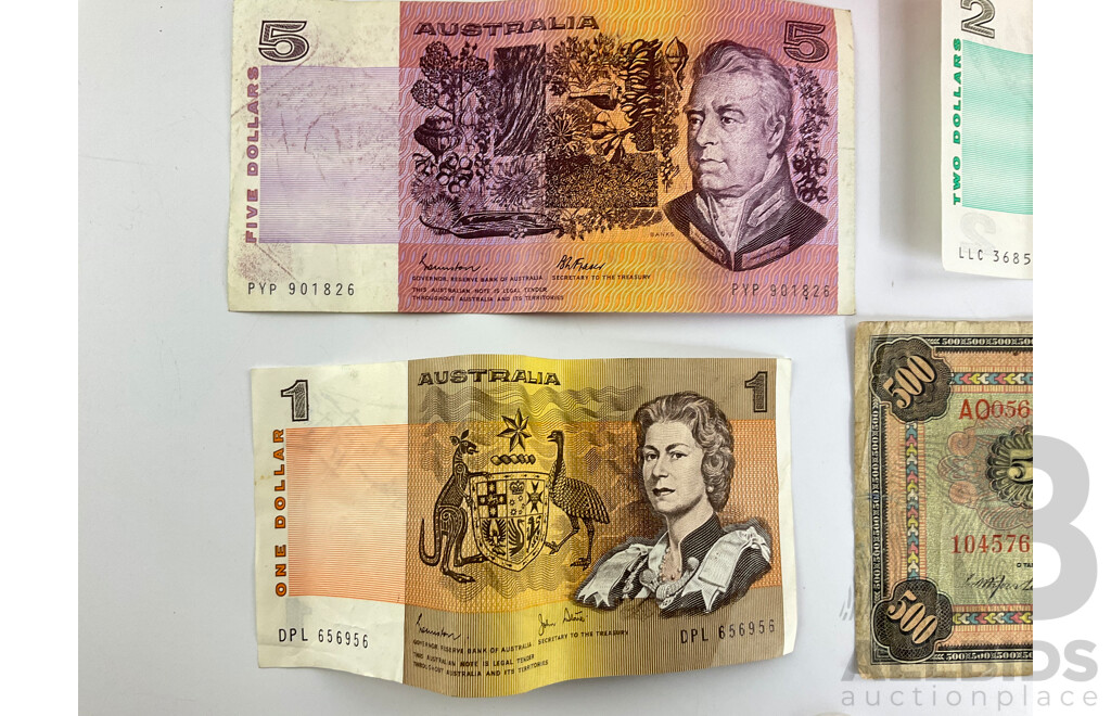 Australian 1985 Five Dollar Note Johnston/Fraser PYP,  1985 Two Dollar Johnston/Fraser LLC, 1982 One Dollar Johnston/Stone DPL 1925 Sixpence, 1935 Threepence, 1920 Penny, Greece 1932 Five Hundred Drachmai Note, 2002 One Euro Coin, Two