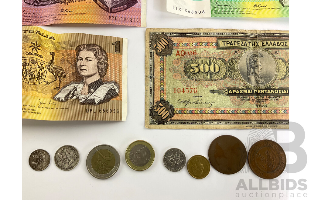 Australian 1985 Five Dollar Note Johnston/Fraser PYP,  1985 Two Dollar Johnston/Fraser LLC, 1982 One Dollar Johnston/Stone DPL 1925 Sixpence, 1935 Threepence, 1920 Penny, Greece 1932 Five Hundred Drachmai Note, 2002 One Euro Coin, Two