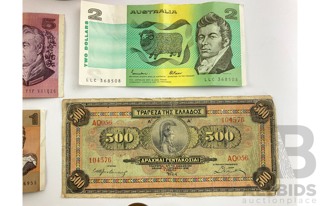 Australian 1985 Five Dollar Note Johnston/Fraser PYP,  1985 Two Dollar Johnston/Fraser LLC, 1982 One Dollar Johnston/Stone DPL 1925 Sixpence, 1935 Threepence, 1920 Penny, Greece 1932 Five Hundred Drachmai Note, 2002 One Euro Coin, Two