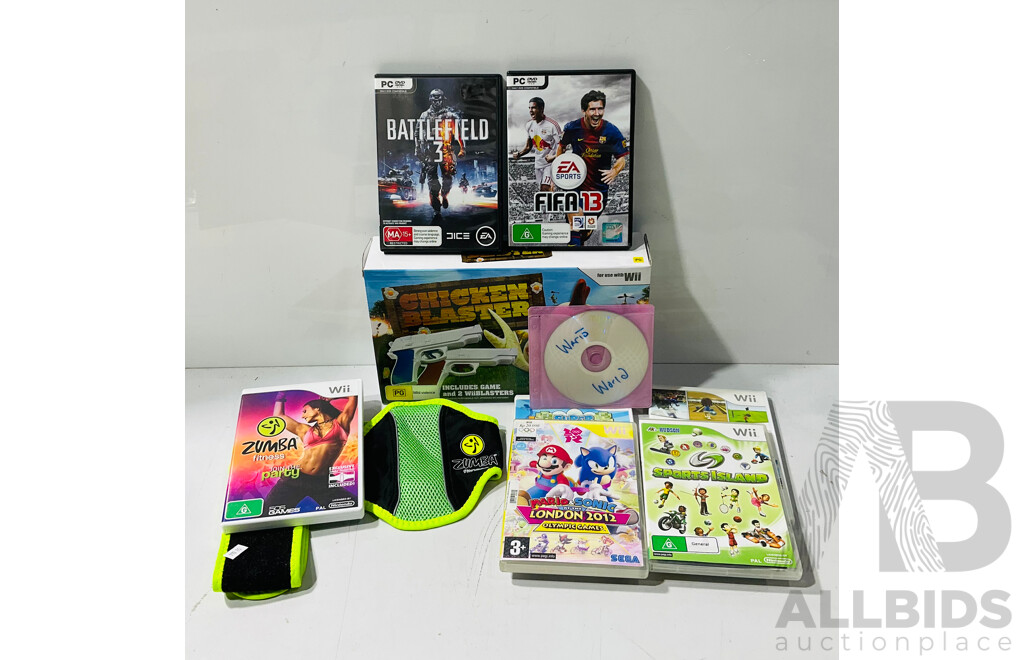 Collection of Games and Accessories for the Wii and PC Including Chicken Blaster, Super Paper Mario, Battlefield 3 and More