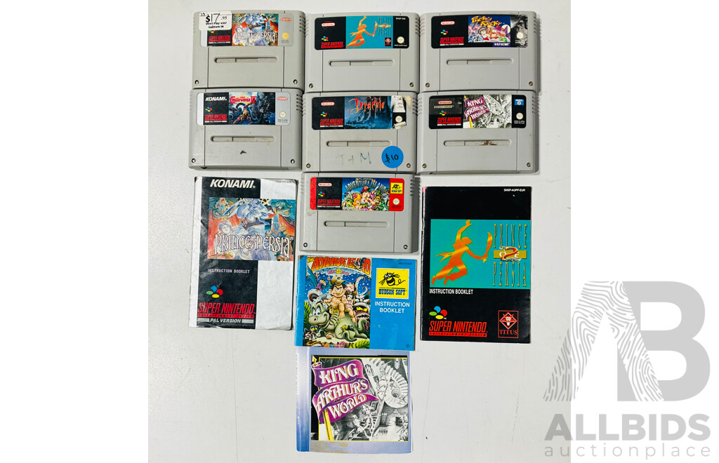 Collection of Vintage SNES Games Including Prince of Persia One and Two with Instruction Booklets, Super Castlevania IV and More