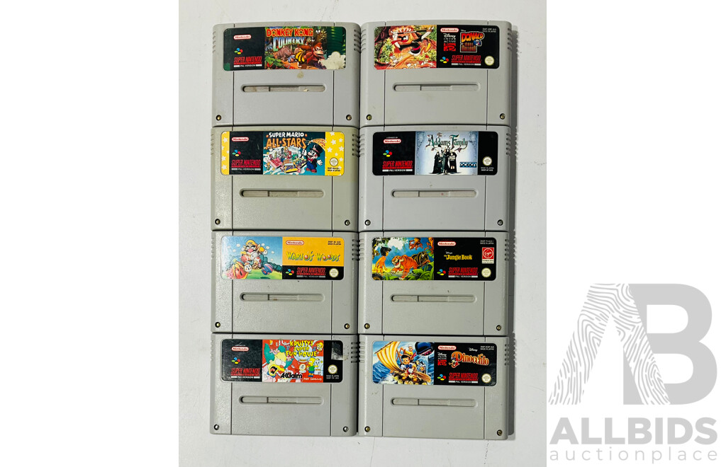 Collection of Vintage SNES Games Including Super Mario All Stars, Donkey Kong Country and More