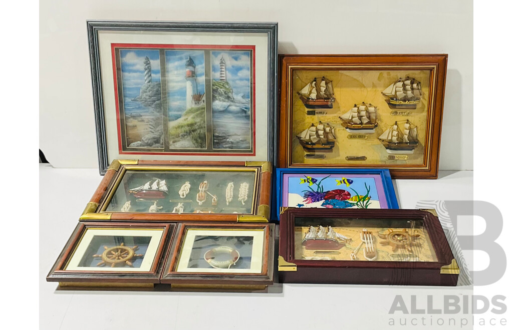 Collection of Framed Nautical Presentations Including Knots, Ships and More