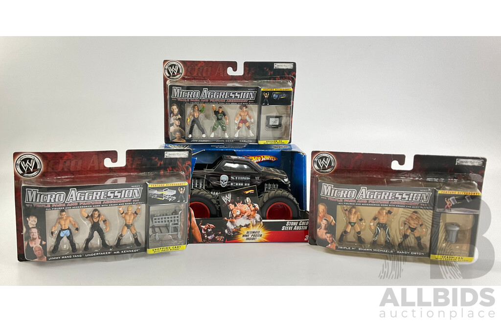 Hot Wheels Stone Cold Steve Austin Diecast Monster Truck with Three Jakks Pacific WWF Micro Aggression Triple Packs