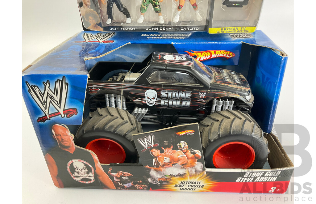 Hot Wheels Stone Cold Steve Austin Diecast Monster Truck with Three Jakks Pacific WWF Micro Aggression Triple Packs