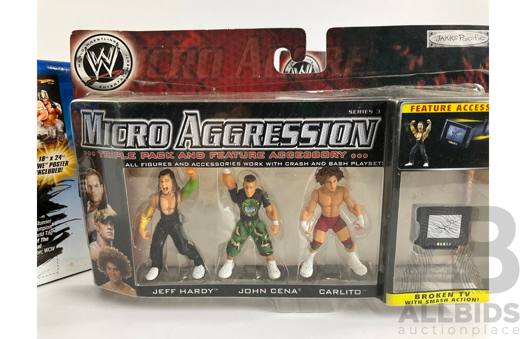 Hot Wheels Stone Cold Steve Austin Diecast Monster Truck with Three Jakks Pacific WWF Micro Aggression Triple Packs