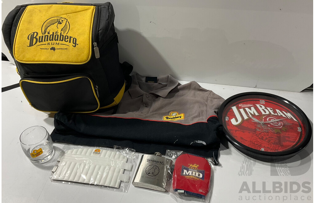 Collection of Bundaberg, XXXX Gold, Carlton, and Jim Beam Merchandise - Cooler Bag, Stubby Holder, Flask and More