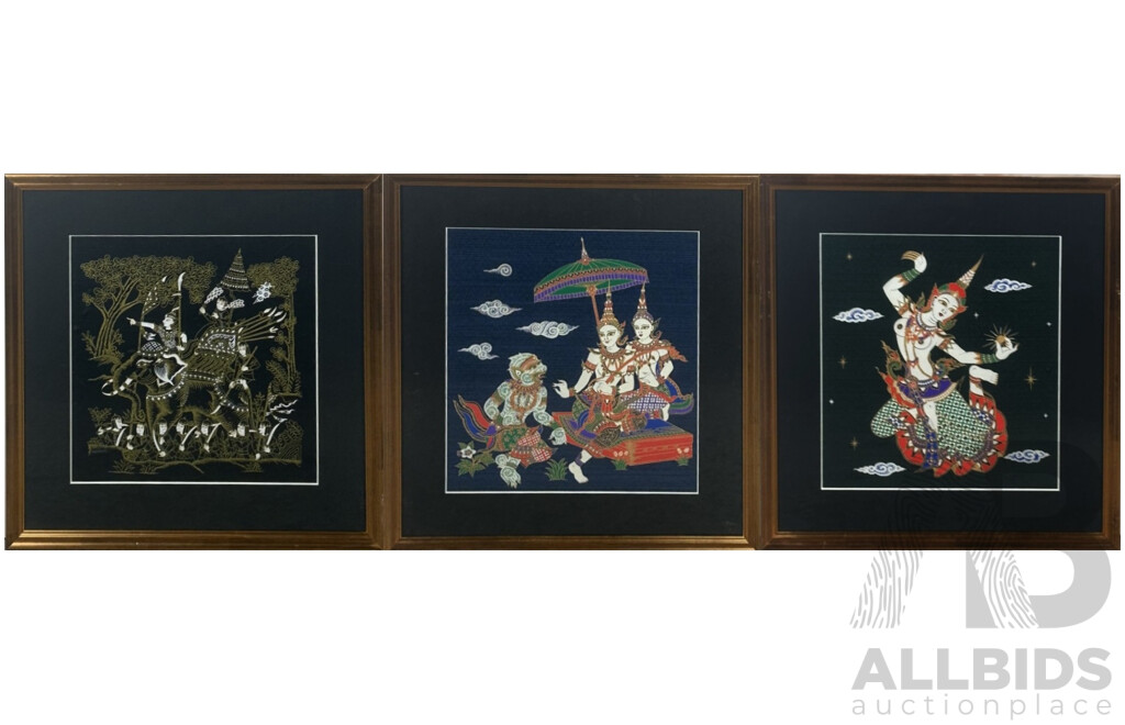 Artists Unknown, (20th Century, Thai School), Trio of Wonderful Colour Screenprints on Silk Panels, 45 x 43 cm (frames largest), (3)