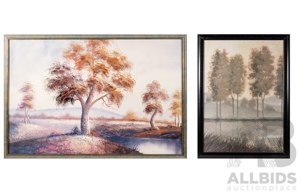 Pair of Vintage Landscapes - Unsigned Oil on Board & Poster Print of Original Jill Shultz McGannon 'Morning View 1', 63 x 92 cm & 77 x 57 cm (frames) (2)