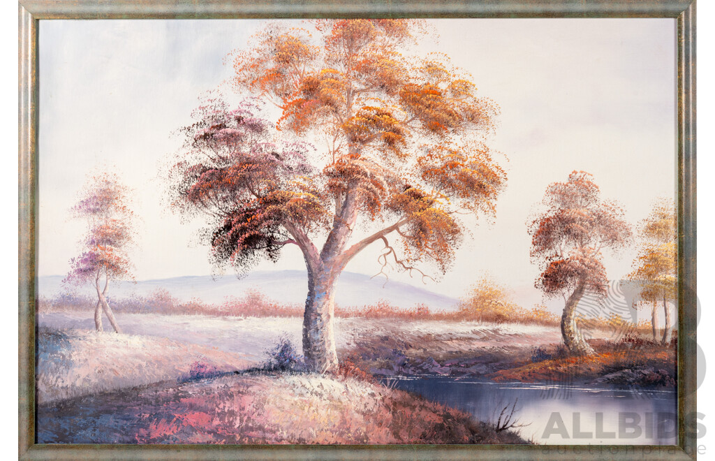 Pair of Vintage Landscapes - Unsigned Oil on Board & Poster Print of Original Jill Shultz McGannon 'Morning View 1', 63 x 92 cm & 77 x 57 cm (frames) (2)