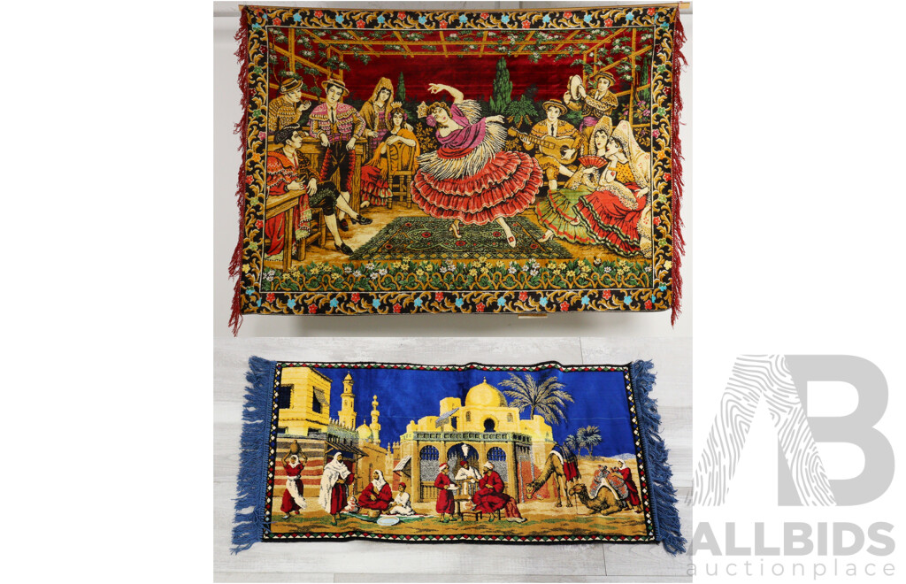 Large Retro Italian Velvet Wall Hanging Along with Smaller Example